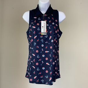Grand Slam sz S Golf Polo Sleeveless Top Navy Cocktail Wine Print New NWT